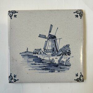 Antique 18th Century Dutch Delft Tiles Blue & White Windmill Boat Landscapes
